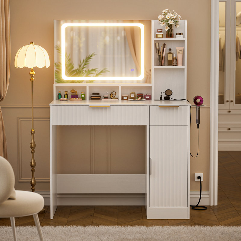  Makeup Vanity Desk With Mirror, Lights And Charging Station, White