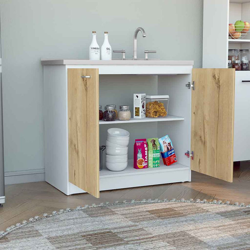 Évier utilitaire avec armoire à une porte et armoire à deux portes Napoles, Blanc/naturel