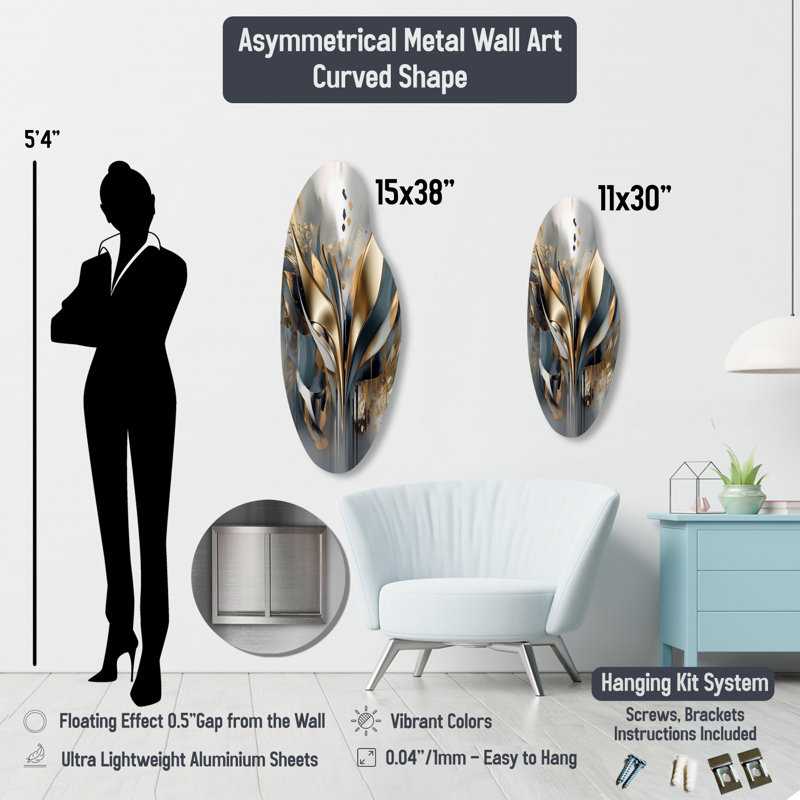 Décoration murale irrégulière en métal gris avec pivoines grises sur branche III, H 38 po x l 15 po