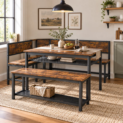 Corner Dining Table Set with L-Shaped Bench and Straight Bench, Space-Saving Breakfast Nook Set with Storage Shelves