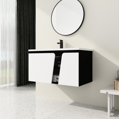 Meuble-lavabo moderne. Lavabo en céramique et porte à fermeture en douceur. Intérieur spacieux. Contreplaqué. Blanc et noir à l'intérieur.