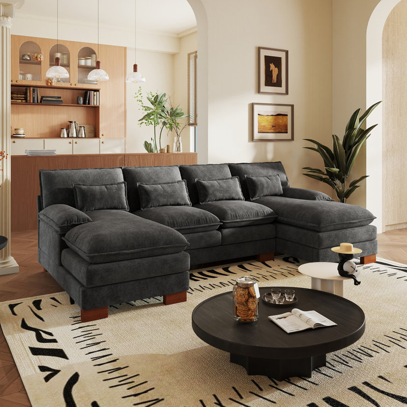 112" U Shaped Modern Chenille Sectional Sofa, Gray Chenille