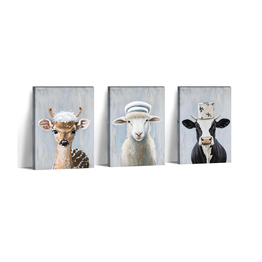 Funny Bathroom Canvas Wall Art 3Pcs Deer Lamb Cow in Toliet Paper Picture Cute Farm Animal Painting Vintage Prints for Farmhouse Bathroom Home Decor F
