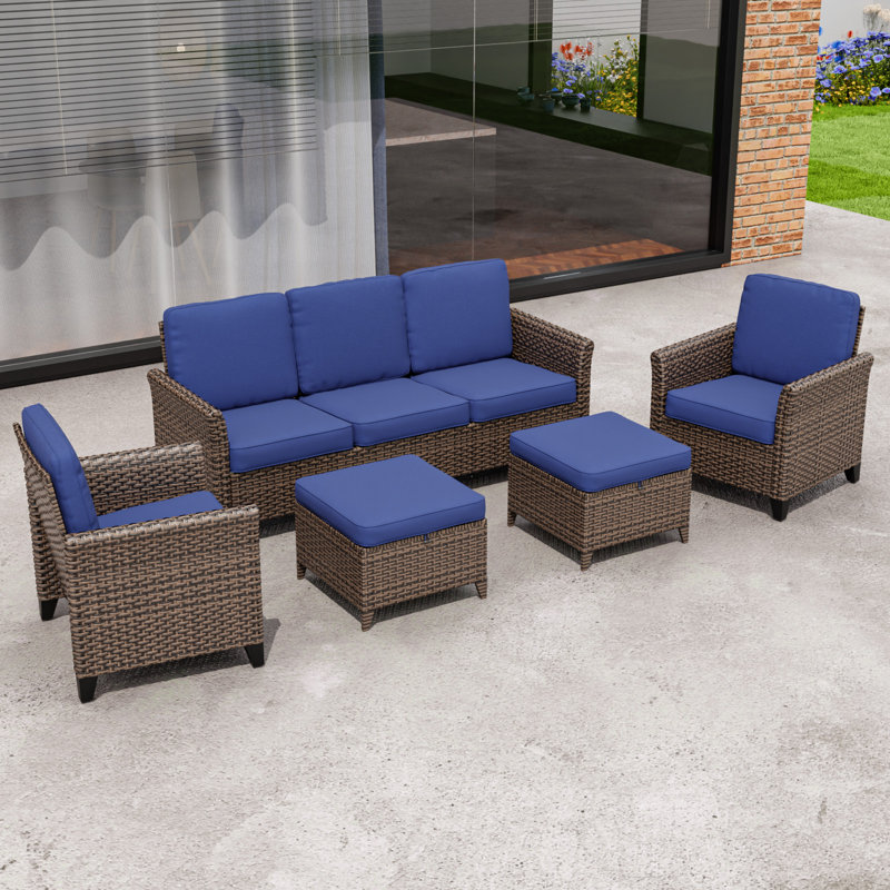 Ensemble de conversation 5 pièces pour patio, ensemble de conversation en osier brun avec canapé 3 places, Bleu