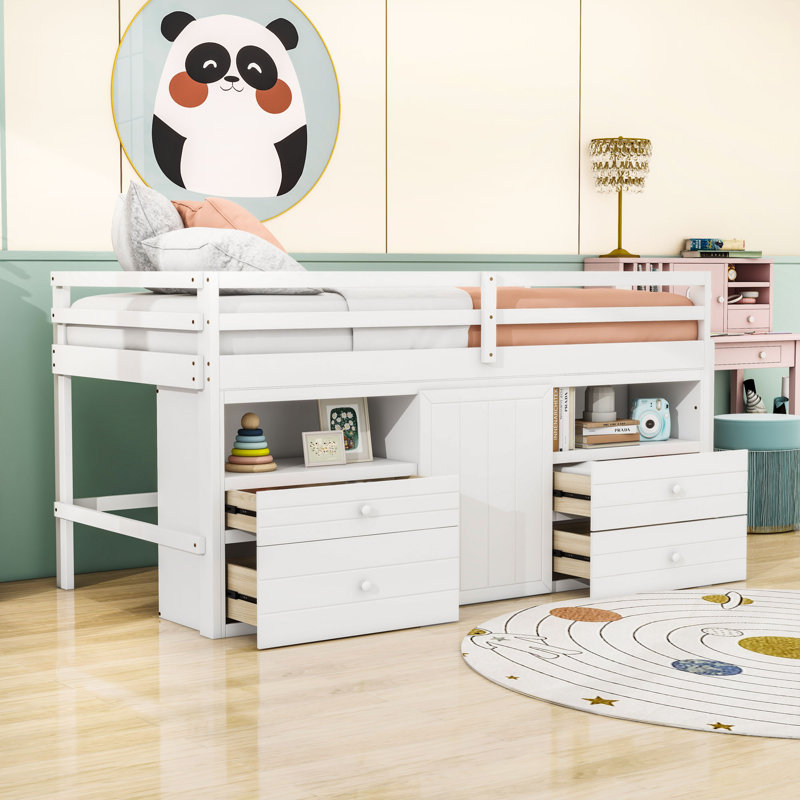 Twin Wooden Loft Bed With Storage Shelves, Drawers And Cabinet, White
