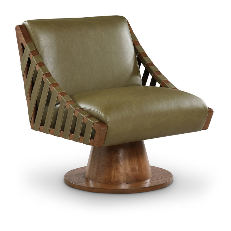 Quinton Vegan Leather Swivel Accent Chair, Walnut, Olive Vegan Leather