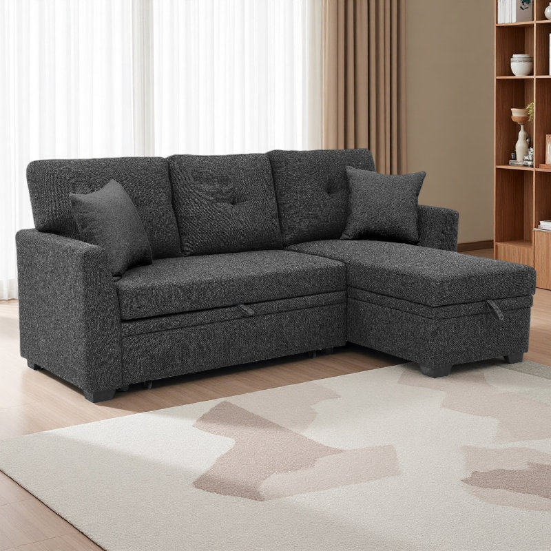 76.5" Linen Blend Upholstered Sectional With Pull-Out Bed And Chaise, Charcoal Black