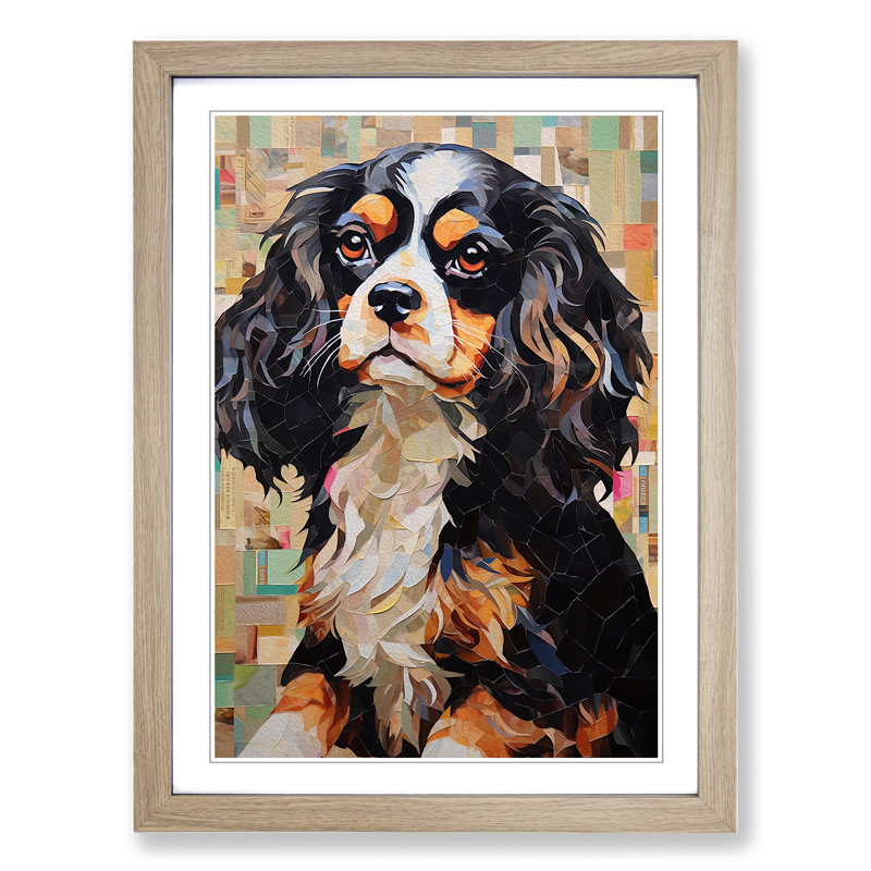Cavalier King Charles Spaniel Art Deco No.2 - Single Picture Frame Print on Wood, Oak, 46cm H x 34cm W x 2cm D