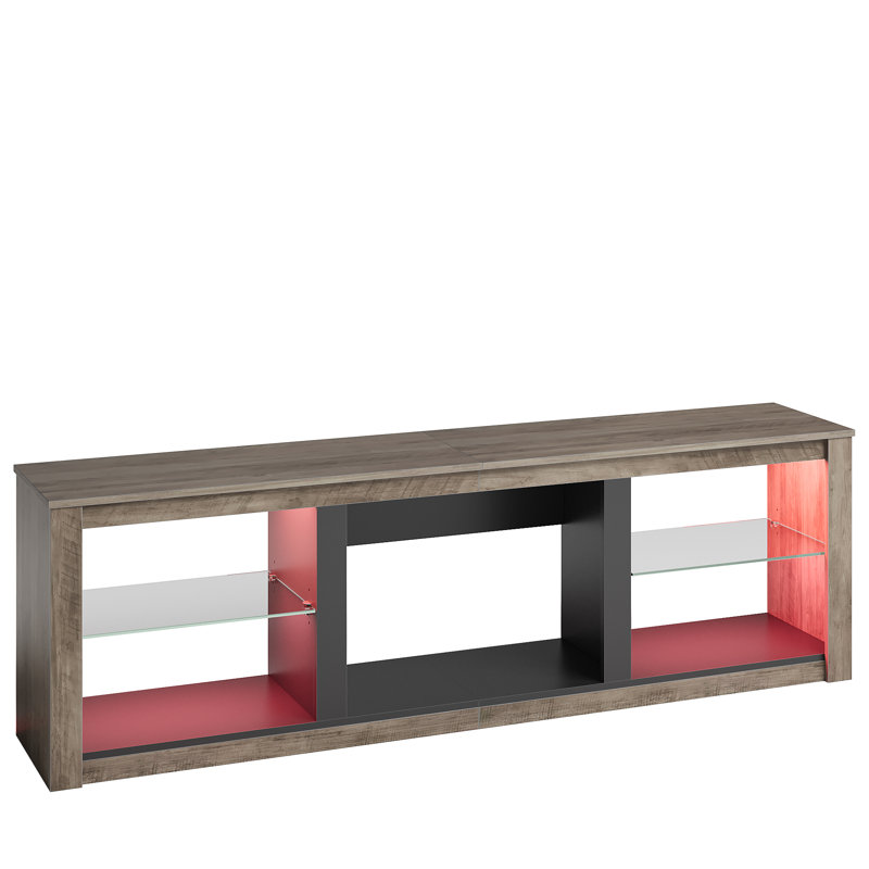 Kruszewski 70 In. TV Stand Fits TVs Up To 75 In. with LED Lights Glass Shelves and Open Storage, Grey Wash