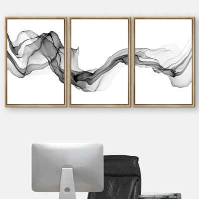 Smoke Effect " Framed Canvas Print Wall Art Flowing Gray Smoke Abstract Shapes Digital Art Modern Art Minimalist Relax/Calm Cool For Living Room, Bedroom, Office " 3 - Pieces