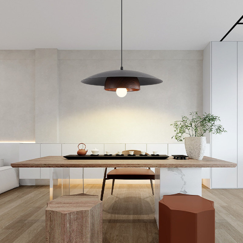 Luminaire suspendu rétro industriel UFO, finition noyer de 16 po de diamètre, luminaire de restaurant en métal noir, îlot de cuisine moderne Mid-Century
