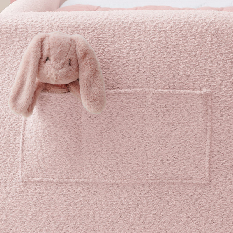 Lit plateforme tapissier simple avec tête de lit en forme d'oreille de lapin, barrière de sécurité et poche, tissu bouclé