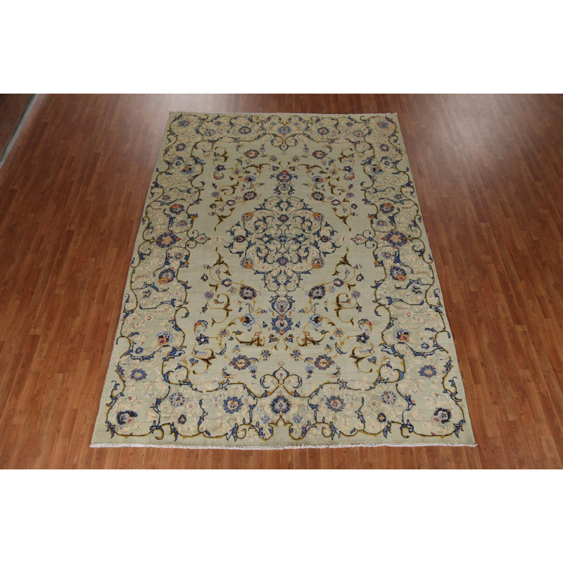 Tapis vert unique en laine noué à la main de style années 1970 8 pi 0 po x 11 pi 1 po Roenia