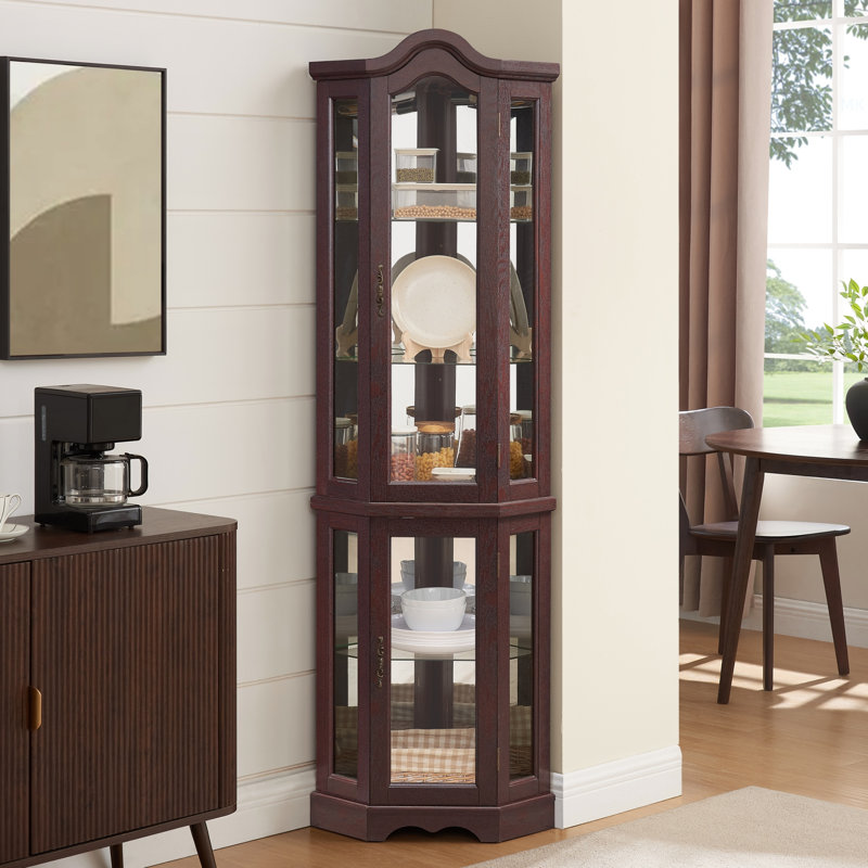 Lighted Corner Curio Cabinet With Tempered Glass Doors & Shelves - Elegant Oak Display Storage For Living Room & Bedroom Decor-DARK CHERRY