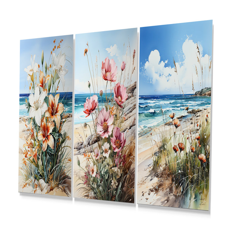 Fleurs saisonnières sur la plage - Ensemble de 3 fleurs murales en métal, H 28 po x l 36 po