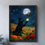 Art encadré noir rétro Un renard noir tenant des feuilles brillantes dans la mer de fleurs au clair de lune, impressions sur toile de style rétro-1561360157