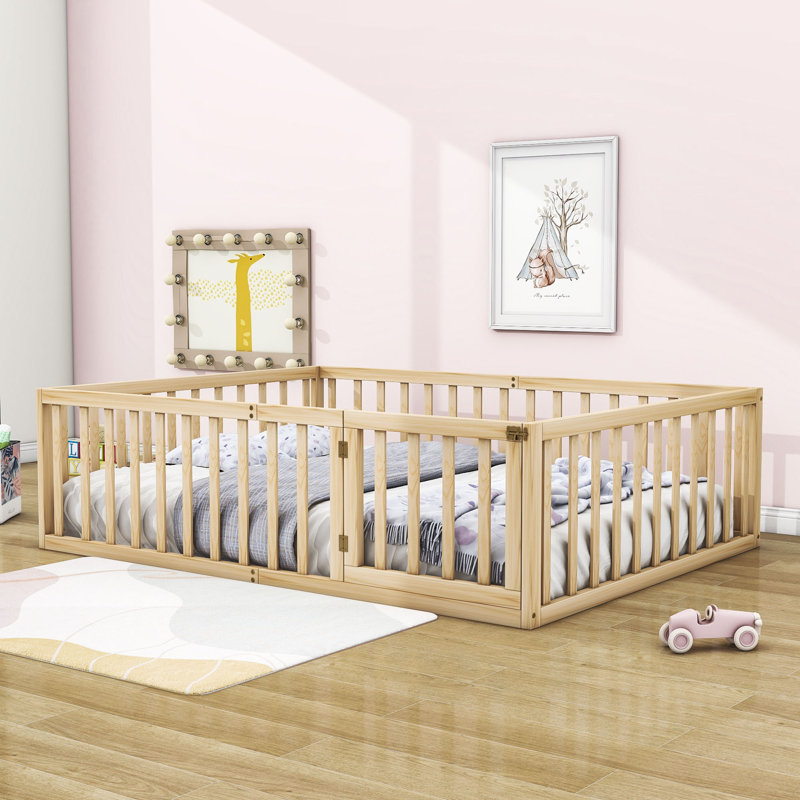 Hendrelino Wooden Daybed Frame with Guardrail, Natural, Queen
