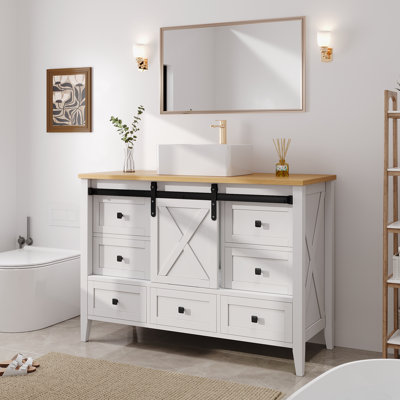 Meuble-lavabo 48 po avec lavabo en céramique, porte de grange coulissante et 7 tiroirs