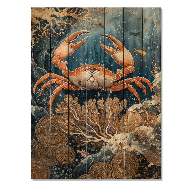 Aquarium bleu et blanc avec grand crabe III - Décoration murale en bois de crabe - sur bois de pin naturel