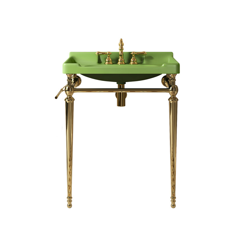 28" Bathroom Console Sink With Ceramic Vanity, Three Faucet Holes, Stainless Steel Legs And Towel Bar, Gold Color, Rectangular Basin, Smooth Surface Good Installation Vanity 3 Pre-Drilled