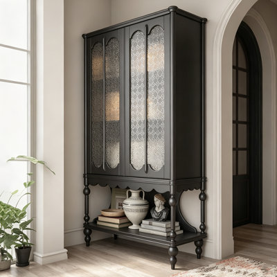 Buffet vintage français en merisier de 158 cm (62,2 po) – Portes en verre artistique gaufré, colonnes en bois massif en forme de gourde, double espace de rangement ouvert et fermé, meuble haut multifonctionnel pour salon et salle à manger.