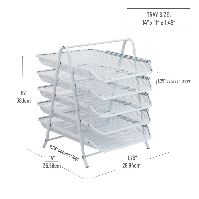 Mind Reader 5-Tier Paper Tray, Desktop Organizer, File Storage, Workspace, Office, Metal Mesh, 11.75"L x 14"W x 15"H, White