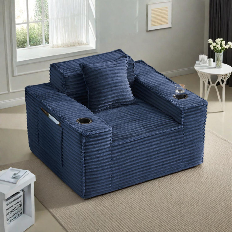 Fauteuil d'appoint Boneless en velours côtelé avec porte-gobelets, Bleu