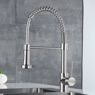 Brushed Nickel Kitchen Sink Faucet With Pull-Down Spray Head, Single Handle, 360-Degree Rotatable Tube Pull Down Spout For Camper