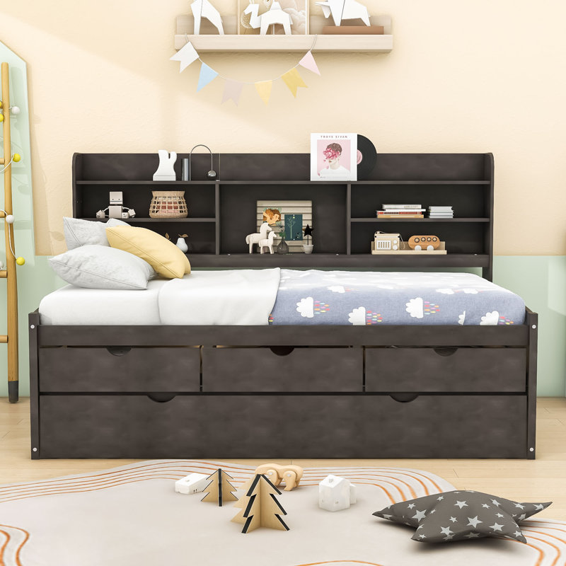 Amande Twin Wooden Captain Bed with Bookcase Headboard, Three Storage Drawers and Twin Trundle, Antique Brown