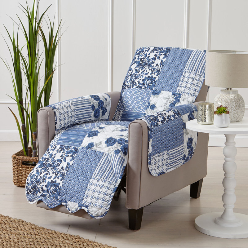 Patchwork Box Cushion Recliner Slipcover, Patchwork - Navy