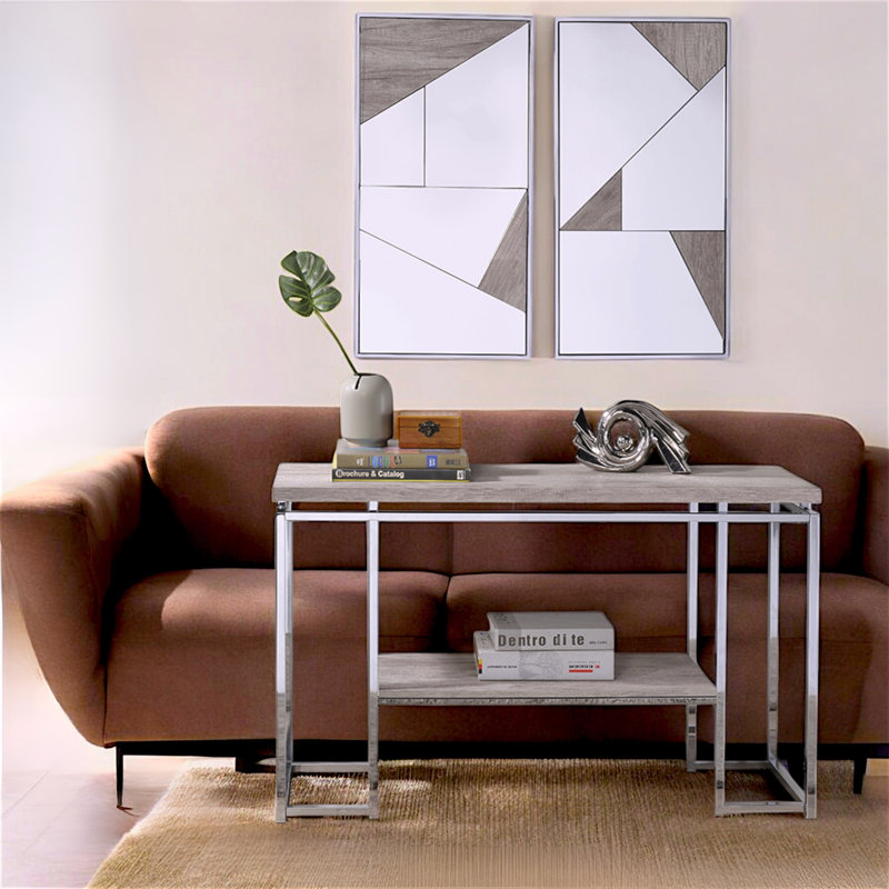 Table de canapé en chêne naturel et chrome Margo - Plateau en bois élégant, tablette simple et base en métal chromé épurée pour les espaces modernes