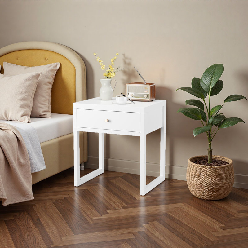 Table de chevet moderne avec tiroir, table de chevet minimaliste avec poignée en bois, table de bout compacte pour chambre à coucher, appartement ou petits espaces, assemblage facile