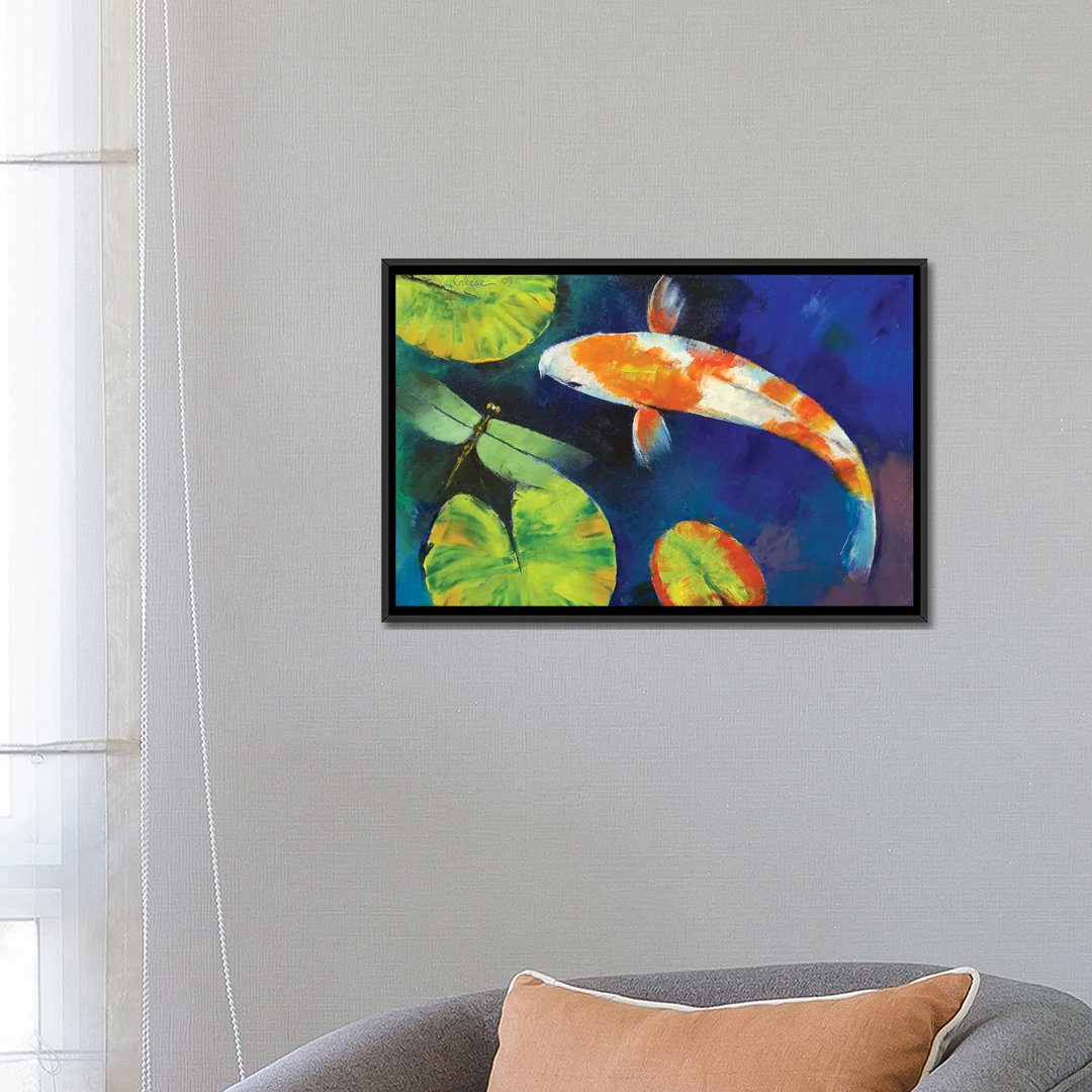 'Kohaku Koi and Dragonfly' Painting Print on Canvas East Urban Home Mat 