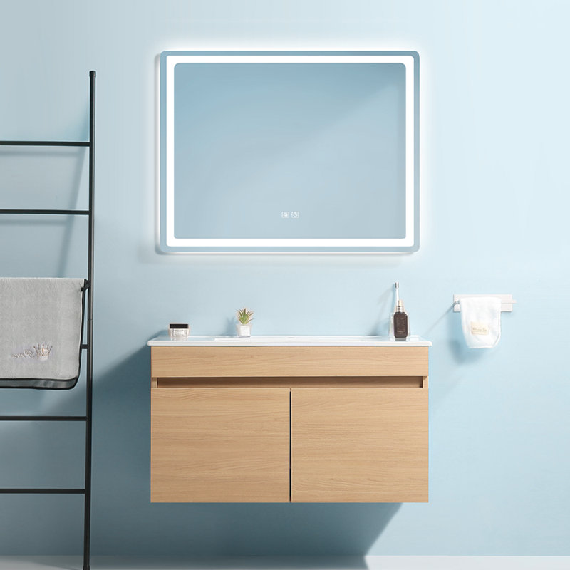 Meuble-lavabo compact en bois massif chêne clair autoportant pour les petites salles de bain