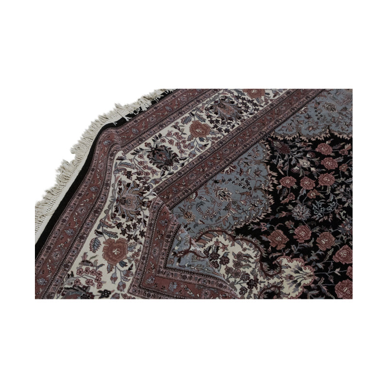 Tapis bleu marine et ivoire de haute qualité noué à la main