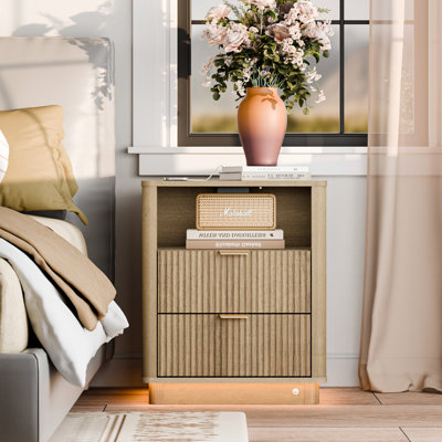 Curved Night Stand With Charging Station Lighting,Modern Side Table Storage Cabinet For Bedroom Office(1) by Wrought Studio