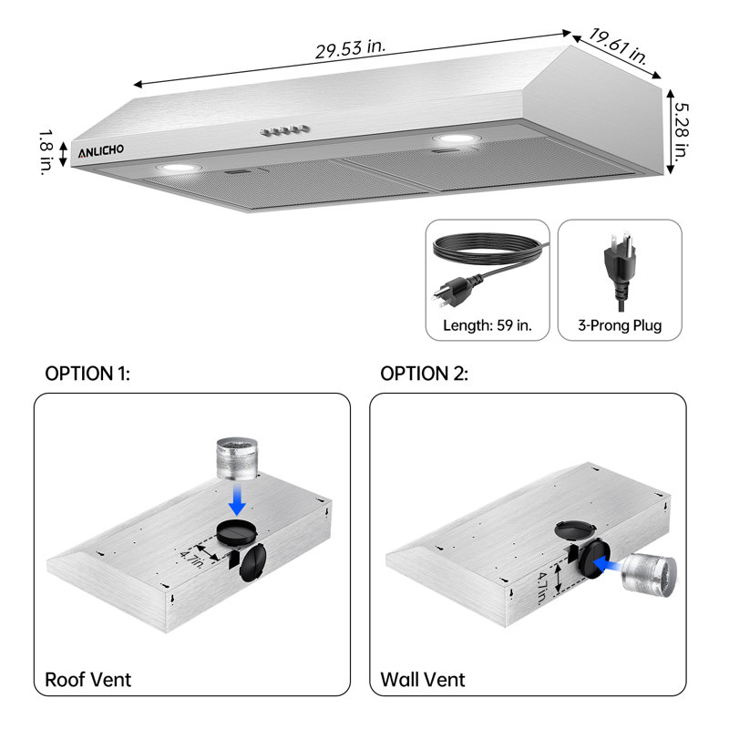 30" Under Cabinet Range Hood, 250 CFM Convertible (Ducted/Ductless), Stainless Steel, LED Light, Charcoal Filter, 5-Layer Baffle Filter, Easy Clean