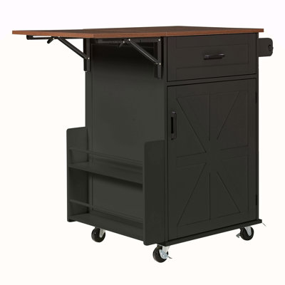 39.3" Farmhouse Kitchen Island With Drop Leaf, Kitchen Storage Island With Open Side Rack, One Drawer, Towel Rack, Rolling Kitchen Cart With Lockable Wheels For Lawn Garden