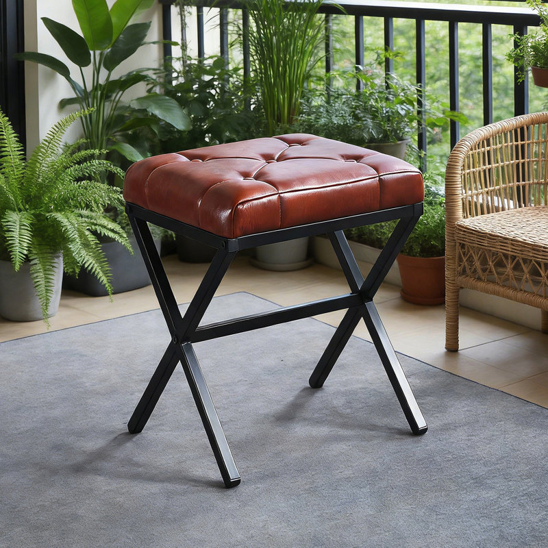 Stool/Chair,1Pcs,BROWN Leather,Metal Leg,40.5X33.5X44.5Cm, Brown