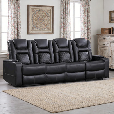 Modern 4-Seat Premium Faux Leather Power Reclining Home Theater Sofa With Cup Holders & Arm Storage
