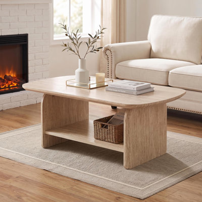 Table basse ovale de 97 cm avec rangement, table centrale à deux niveaux de style moderne du milieu du siècle pour salon