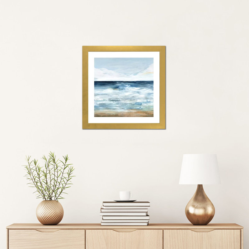 «Blue Ocean I» par Isabelle Z - reproduction d'art, Papier encadré doré, H 16 po x l 16 po x p 1 po, Blanc