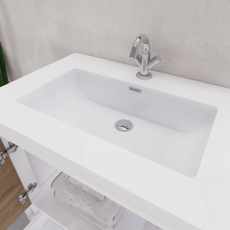 Ensemble de meuble-lavabo simple 29,6 po Eden, Blanc brillant / teck