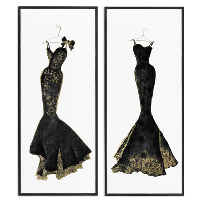 Gilded Black Evening Gowns 2pc Framed Giclee Set, design by Janet Tava