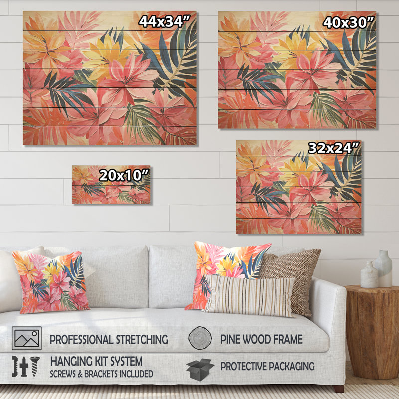 «Pink Floral Tropical Jungle» par Matisse I - impression florale sur bois, H 10 po x l 20 po x P 0,78 po