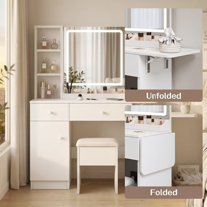 Cradere Makeup Vanity With LED Mirror, 3 Tier Open Shelves and Outlets, 2 Drawers & A Cabinet, Storage Stool, White