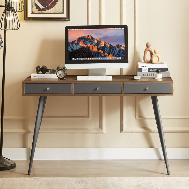 Bureau Mid-Century, bureau d'écriture moderne avec tiroirs, bureau d'ordinateur multifonctionnel noyer et gris foncé