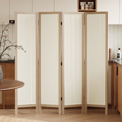 4-Panel Washable Fabric Room Divider, Wood Colour Frame