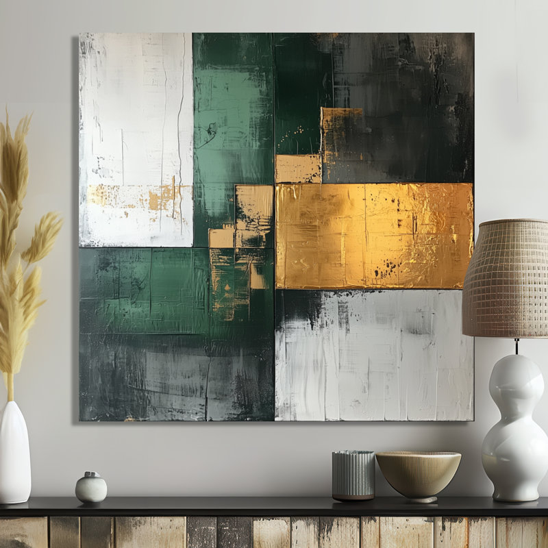 Géométrique or vert et gris Pure Form II - art mural abstrait géométrique, H 36 po x l 36 po, Toile tendue, Ne s’applique pas