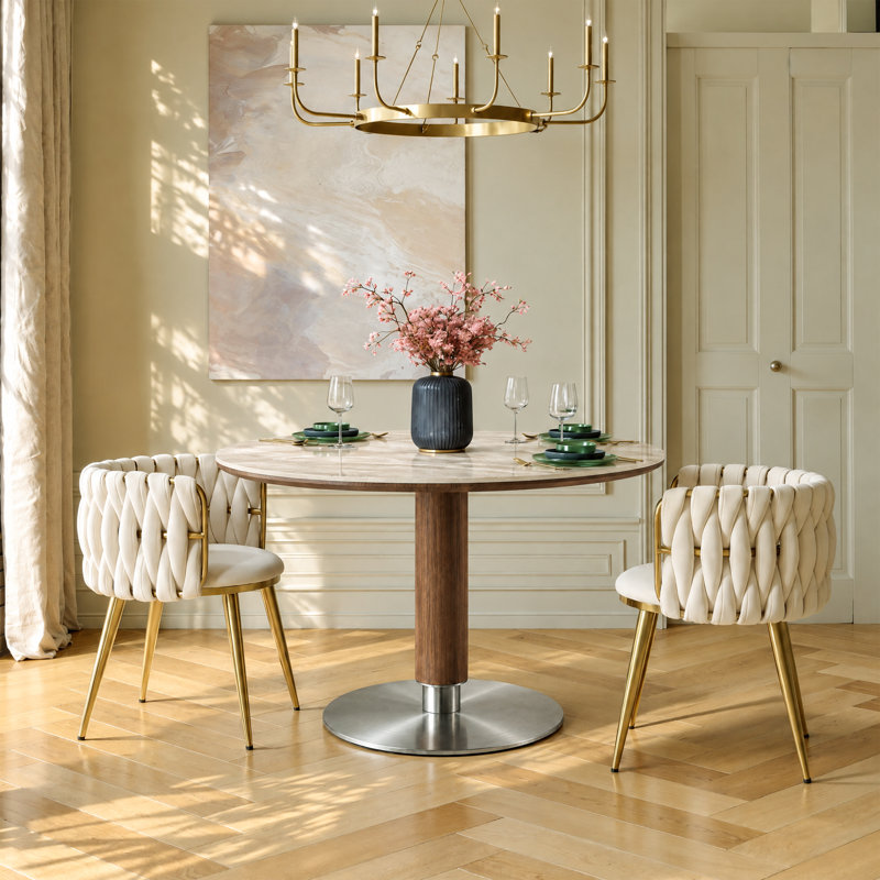 Table de salle à manger ronde moderne de 90 cm (35,4 po) avec plateau en pierre frittée imitation travertin, pied central en bois et base en acier inoxydable